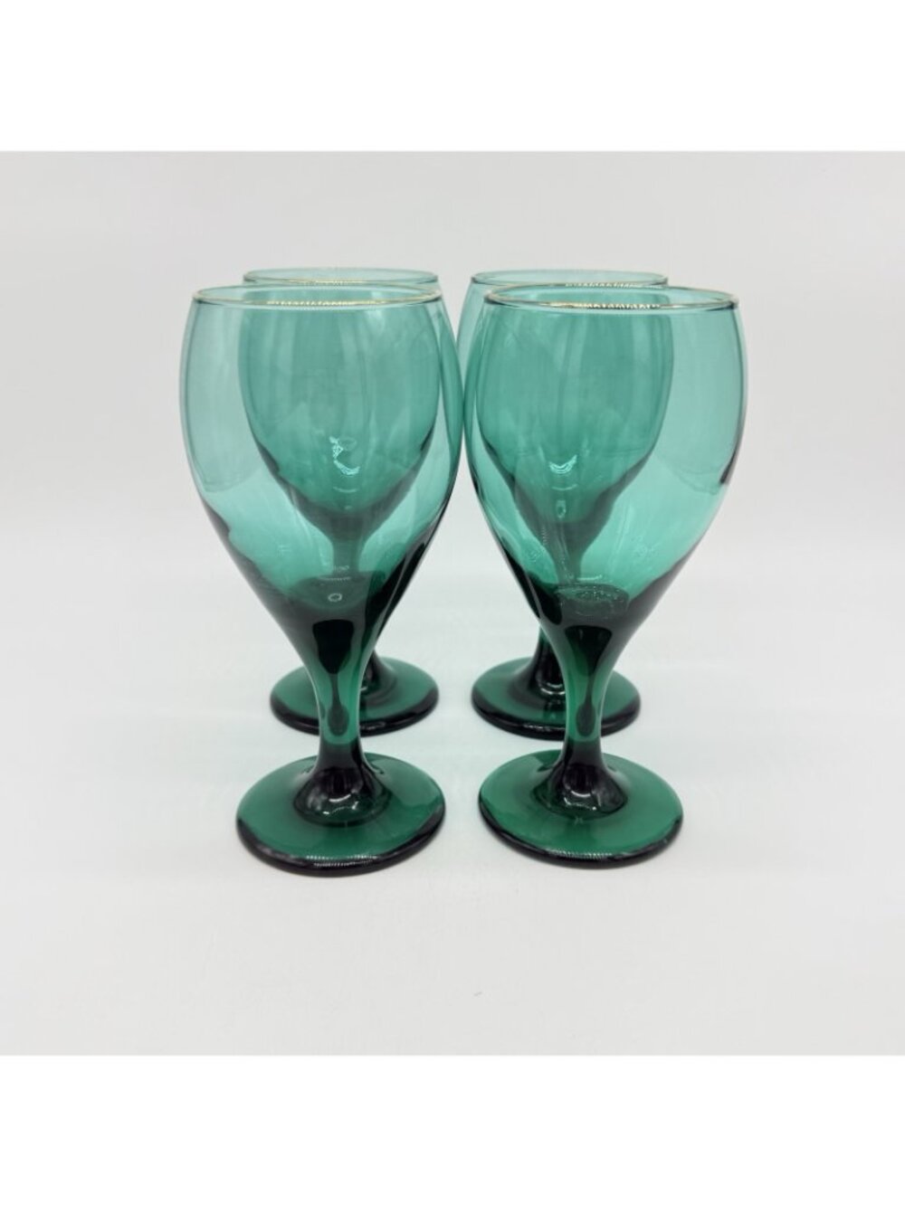 Vintage Set Of 4 Libbey Glass Juniper Green Teardrop Water Wine Goblets Gold Rim - Picture 6 of 8